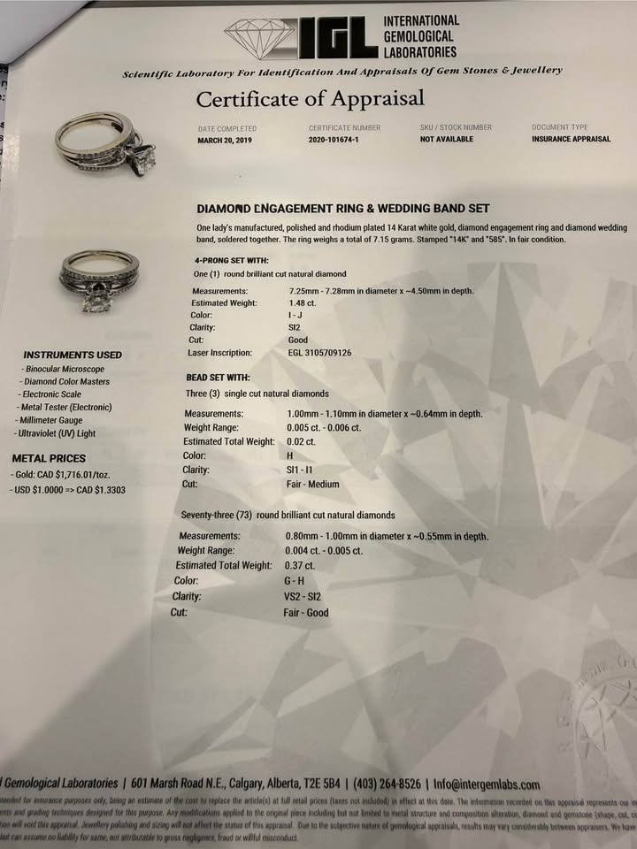 1.87 Carat Natural Diamonds Engagement ring in 14k gold