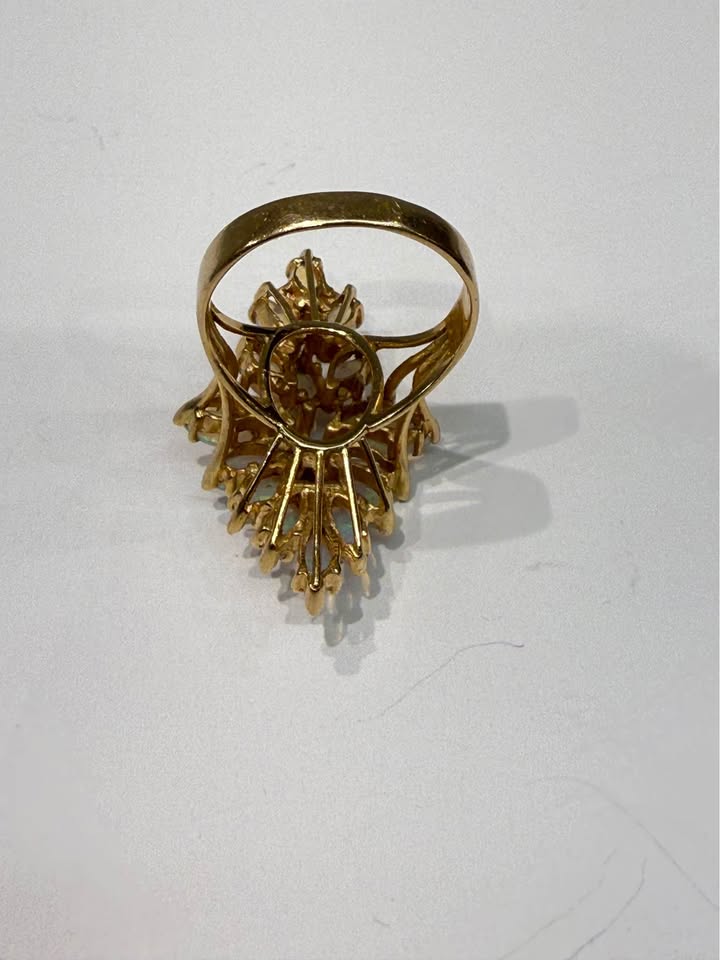 14Karat Natural Marquis Shape Opals and Diamonds Dinner Ring