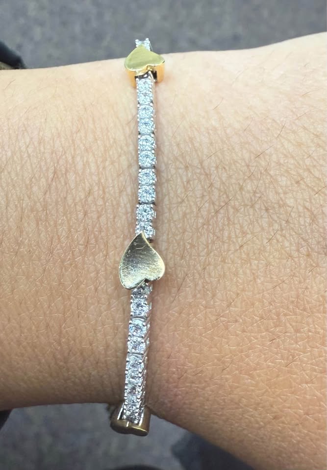 Beautiful 14Karat Two Tone Tennis Bracelet With Yellow Gold hearts ( Swarovski Crystals)