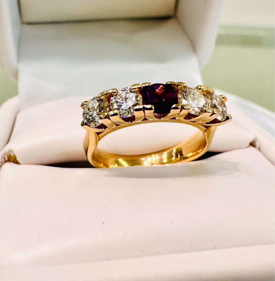 14Karat yellow Gold Anniversary Diamond Band with Natural Amethyst
