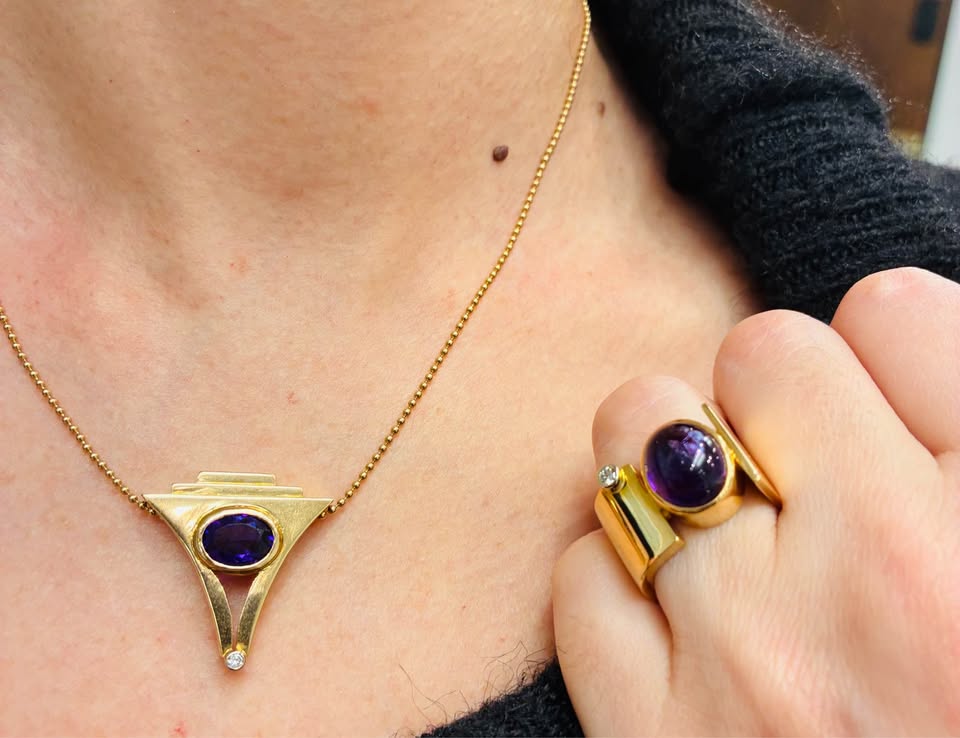 14K gold 3 pcs Set with Natural Amethyst & Diamonds