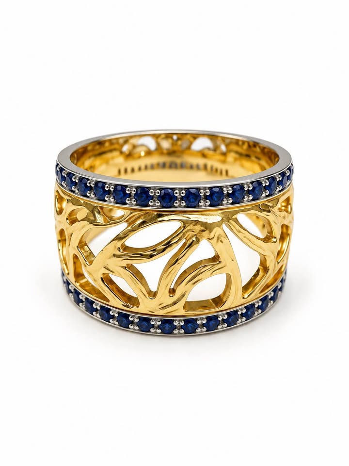 14k handmade Natural Sapphires Two Tone Stunning Dinner Ring 14mm Wide