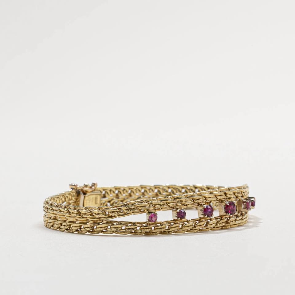 July Birthstone 14karat Woven Birks Vintage Bracelet with 1.40CTW of Natural Rubies 7.5”