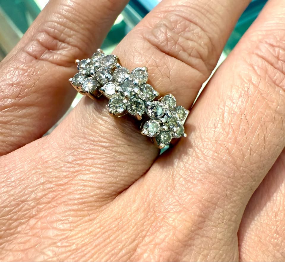 Beautiful Champagne Natural Diamond Dinner Ring , Cluster 1.20CTW In 14K Yellow Gold