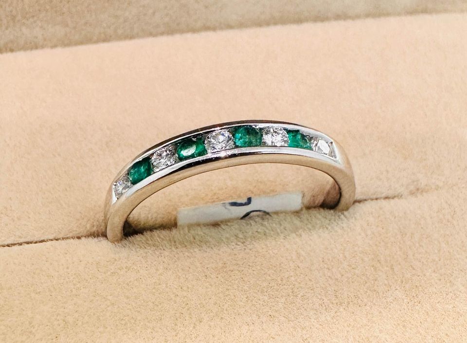 Beautiful Channel Set Natural Emeralds & Diamonds Band in 14k