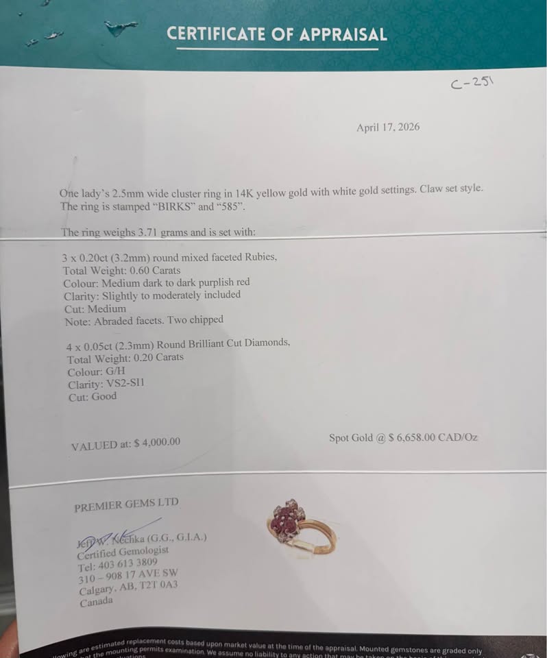 Birks 14karat Vintage Natural Rubies and Diamonds Cocktail Ring
