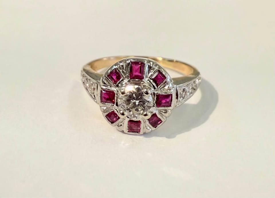 Birks Vintage 18k Gold Art Deco Ring Sets With Natural AAA Quality Rubies and Natural Diamonds