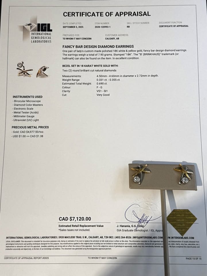 Brinkhaus Natural Diamonds , 18k Gold and Platinum Custom Design Earrings 0.69CTW F-VS1