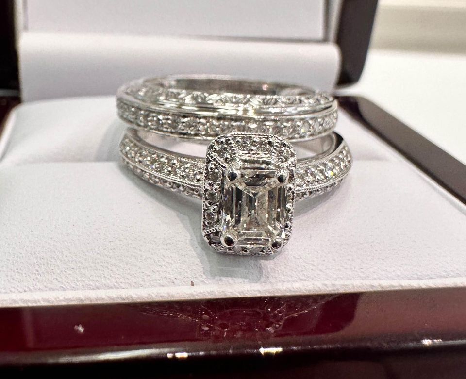 Emerald Cut Natural Diamond Halo Engagement Ring Set 1.50CTW