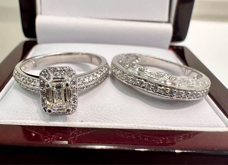 Emerald Cut Natural Diamond Halo Engagement Ring Set 1.50CTW