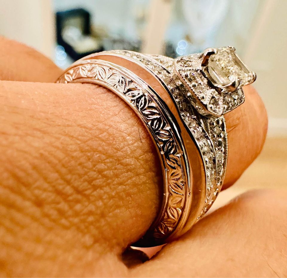 Emerald Cut Natural Diamond Halo Engagement Ring Set 1.50CTW