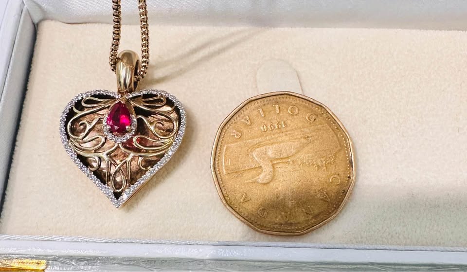 Handmade Ruby and Diamonds Yellow Gold Heart Pendant +20” Chain