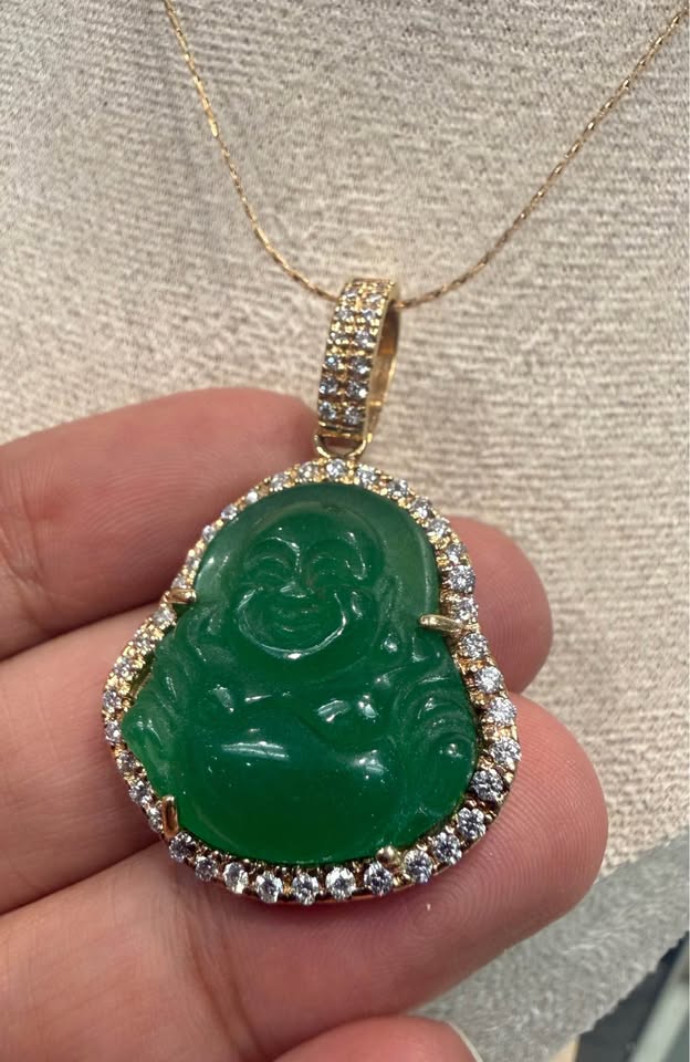 Custom Made Natural Jade/Diamonds Happy Buddha 14karat Pendant