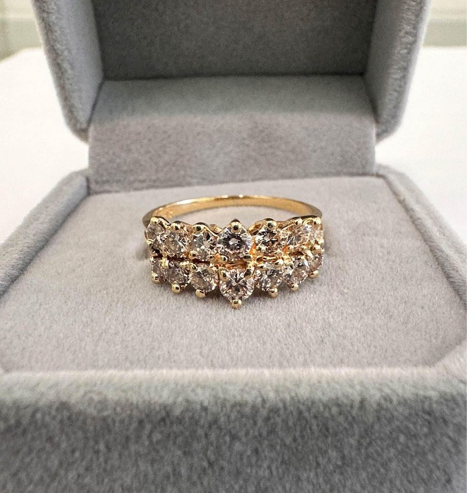 Ladies 14k Yellow Gold Double Row Natural Diamond Rooftop Ring 1.00CTW