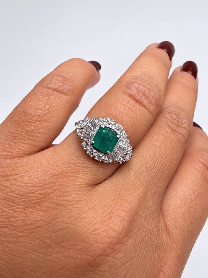 Natural Emerald and Diamonds Platinum Ballerina Style Dinner ring , 1.00 carat Emerald + 0.50CTW Dia