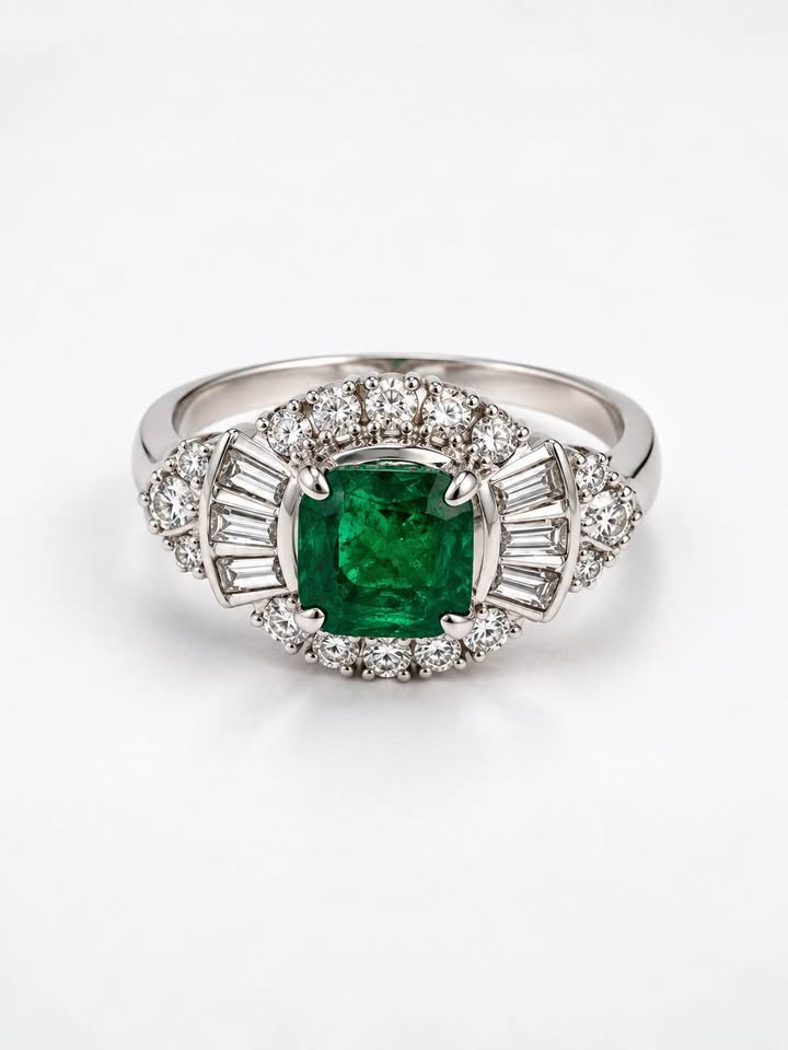 Natural Emerald and Diamonds Platinum Ballerina Style Dinner ring , 1.00 carat Emerald + 0.50CTW Dia