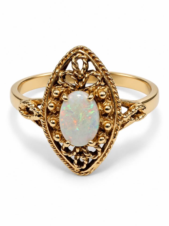 Natural Opal Artdeco Style Ring In 10k Gold