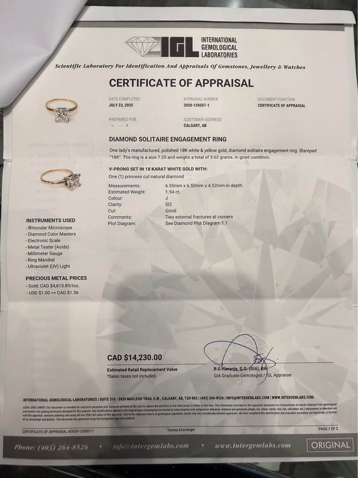 Save 50% Natural Princess Cut Diamond 1.54 Carat J-SI2 in 18k Gold