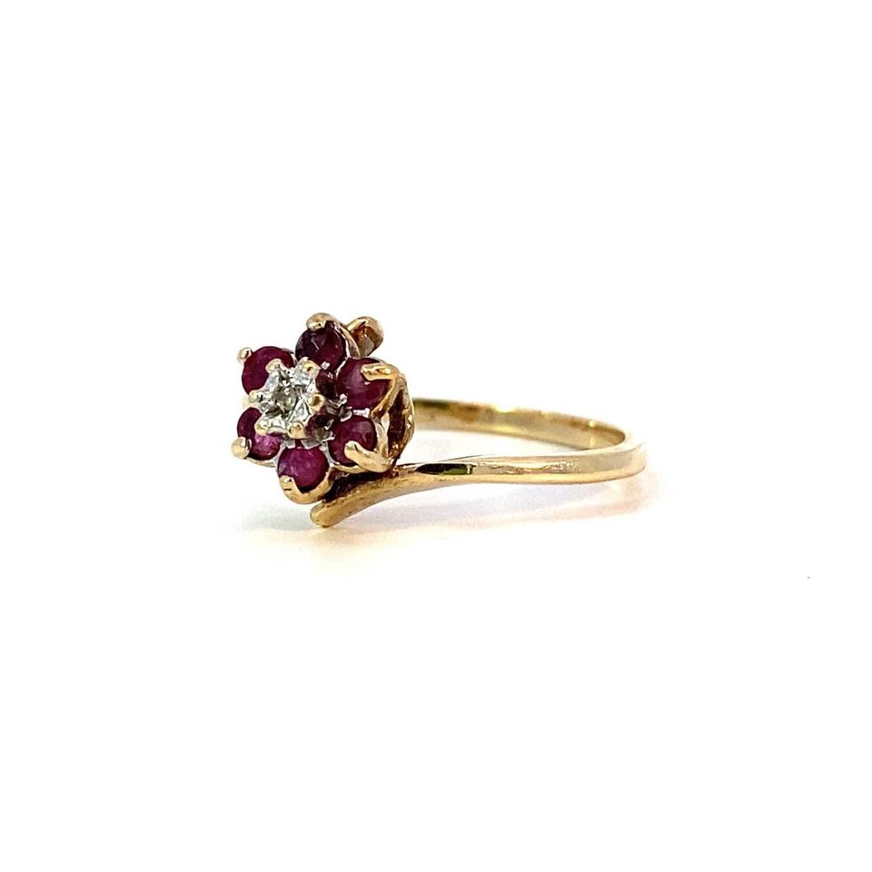 Natural Rubies and Diamond Flower Ring In 10k Gold