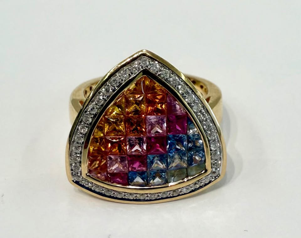 One Of A Kind Multi Colored Natural Sapphire Dinner Ring 14k Yellow Gold
