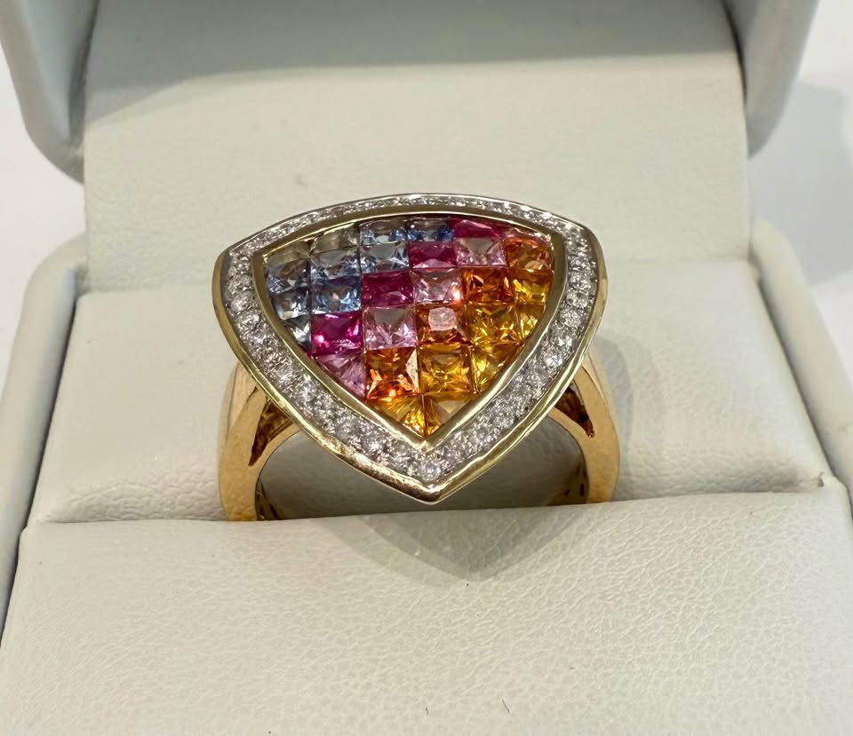 One Of A Kind Multi Colored Natural Sapphire Dinner Ring 14k Yellow Gold
