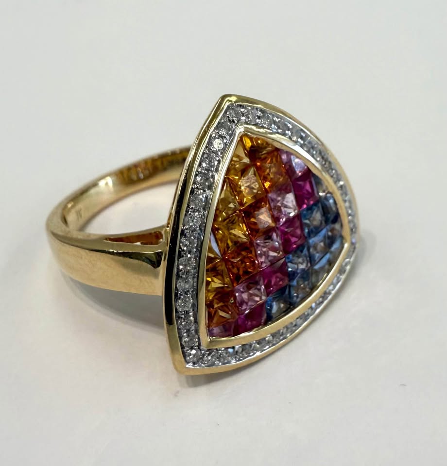 One Of A Kind Multi Colored Natural Sapphire Dinner Ring 14k Yellow Gold