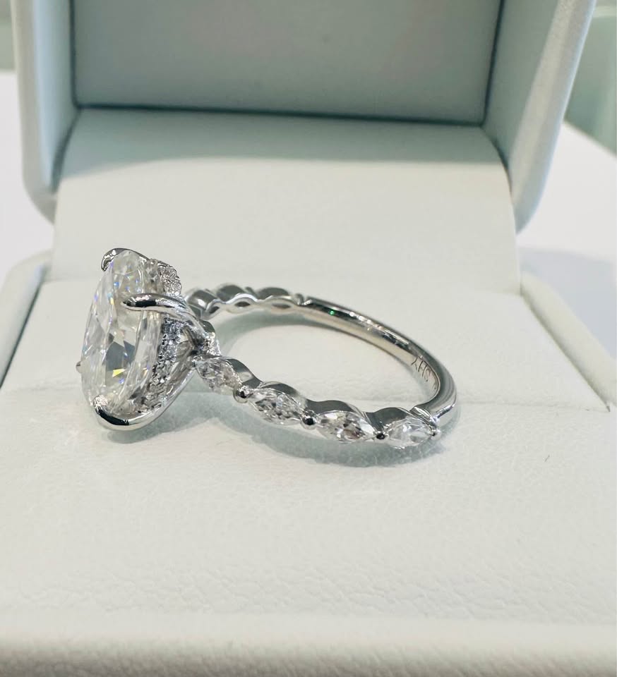 Platinum Hidden Halo Engagement Ring sets with 3.00Carat Oval Moissanite