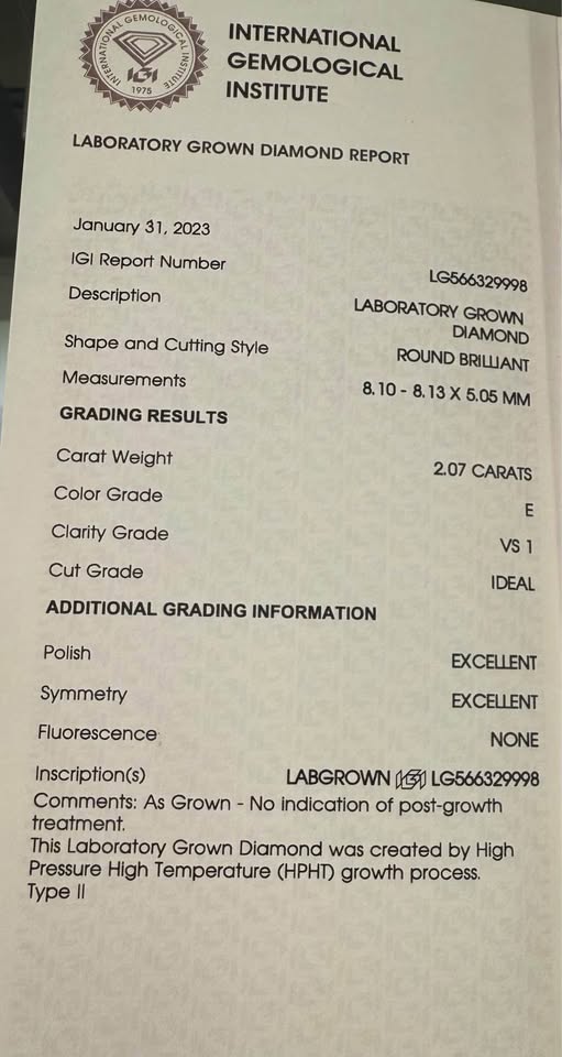 Save $2000 Beautiful Platinum Solitaire Certified Labmade Diamond 2.07 Carat in VS1-E - Ideal Cut