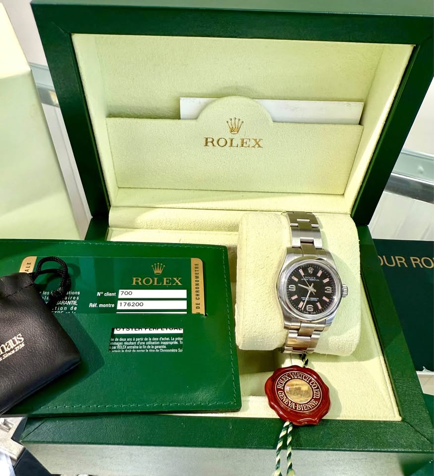 Rolex 176200 Ladies Oyster Perpetual Black Dial Pink Markers Steel Box & Papers
