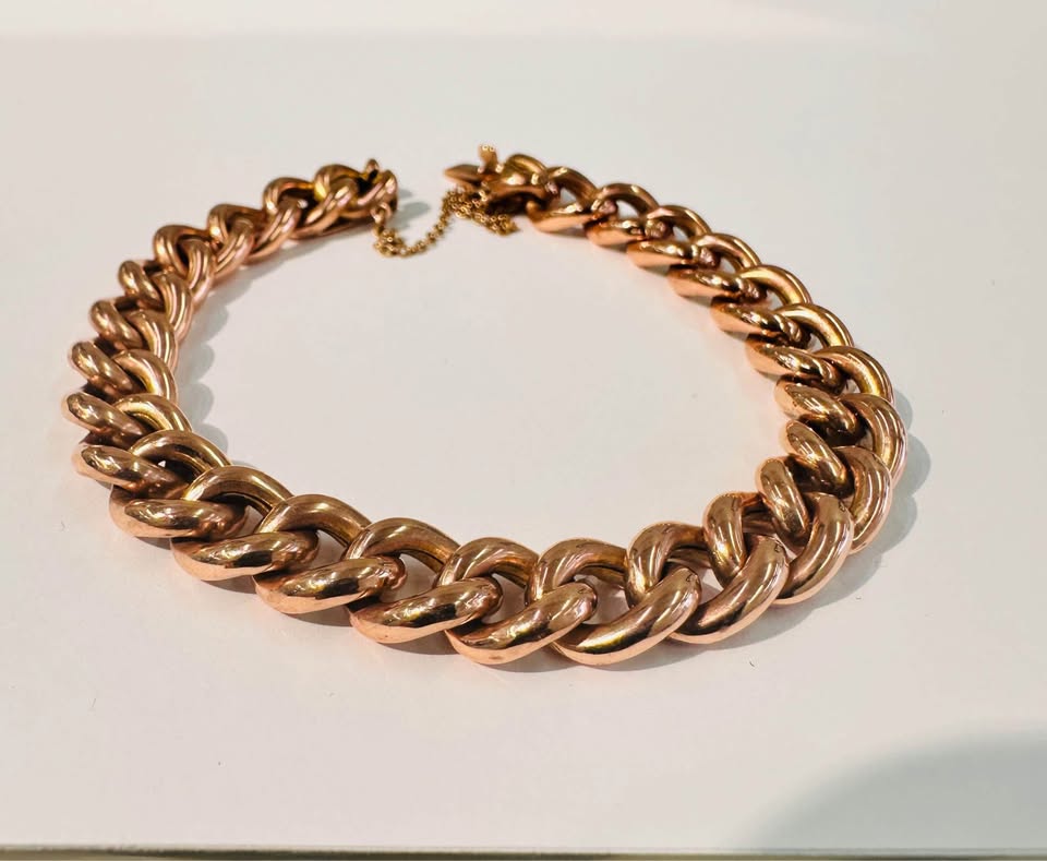 9k Rose Gold Bracelet 10mm wide , 8” Long with Safety Chain
