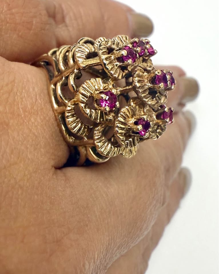 Vintage Statement Natural Rubies Cluster Ring in 10k Yellow Gold