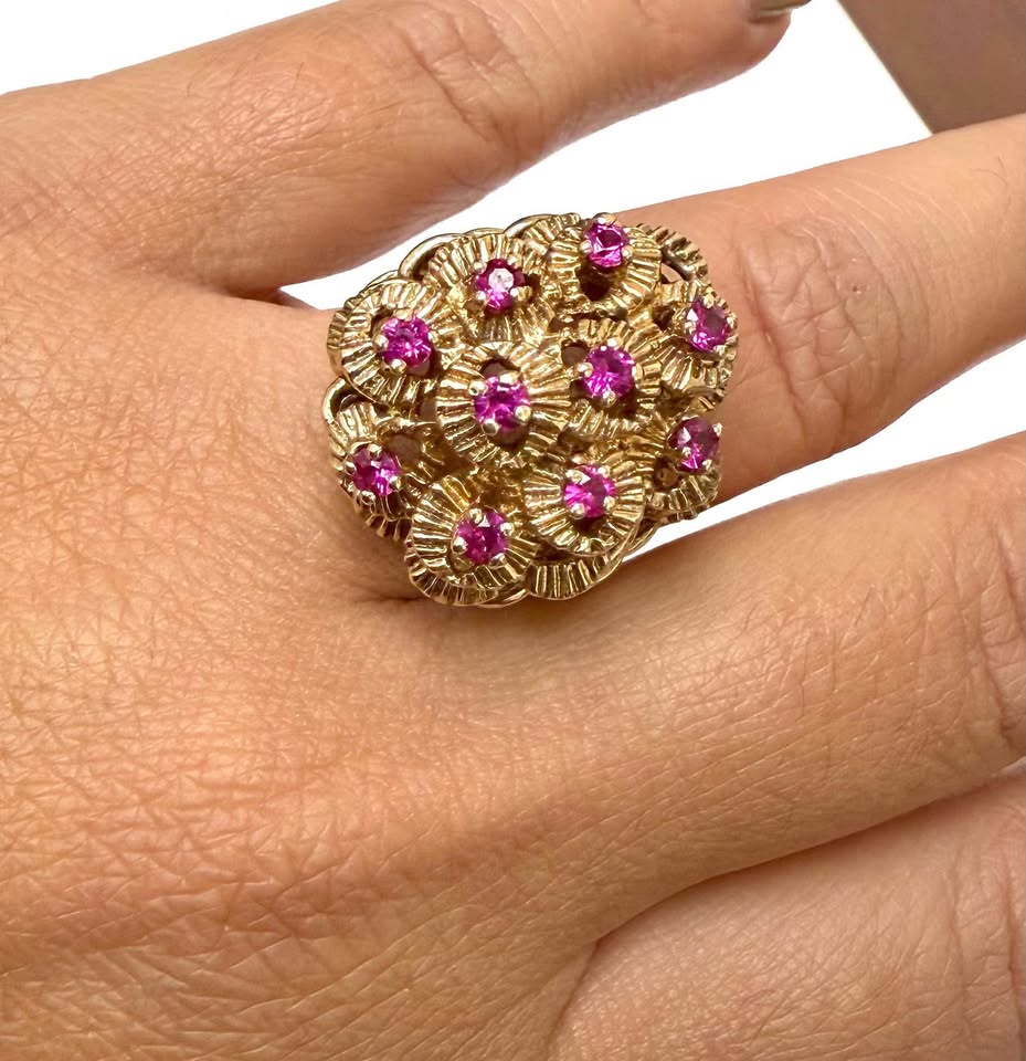 Vintage Statement Natural Rubies Cluster Ring in 10k Yellow Gold