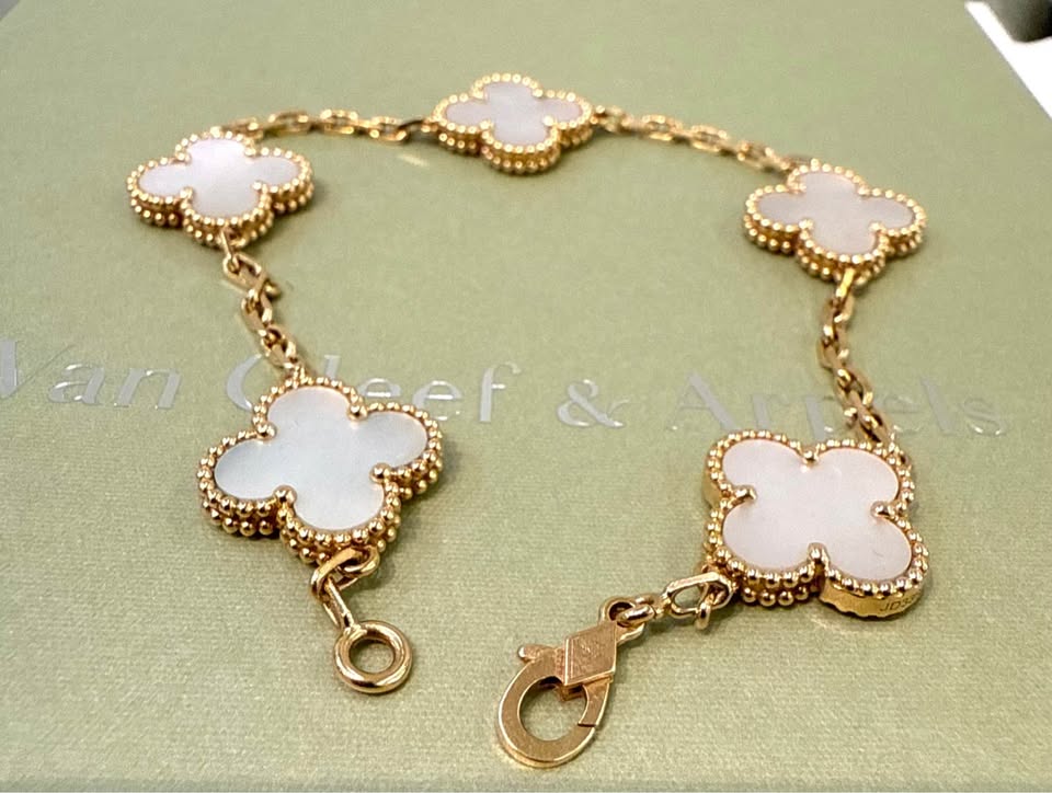 Van Cleef & Arpels 18k , 5 Motifs Mother of Pearl Alhambra Bracelet with all paperwork VCARA41800