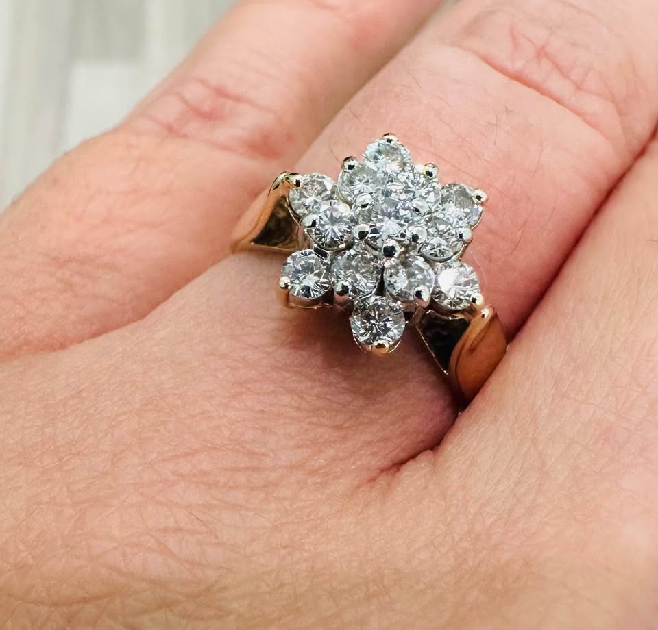 Vintage 14k yellow gold statement ring set with 1.20CTW of Natural diamonds in a cluster setting