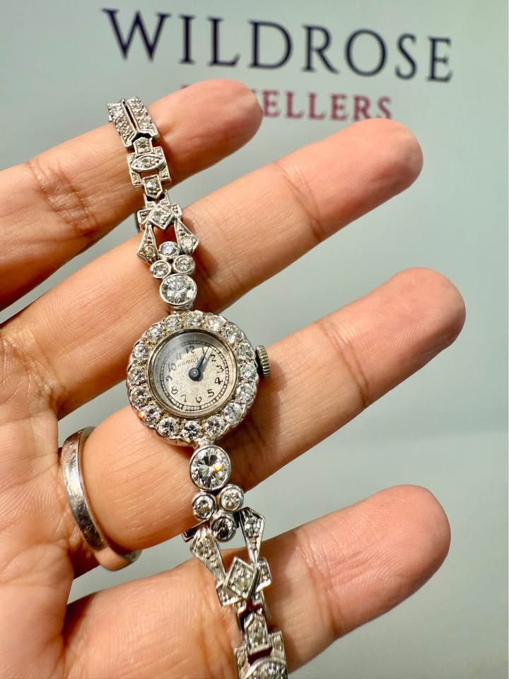 Vintage ArtDeco Hamilton 14k Solid Gold Watch , 4.50carat Natural European Cut Diamonds
