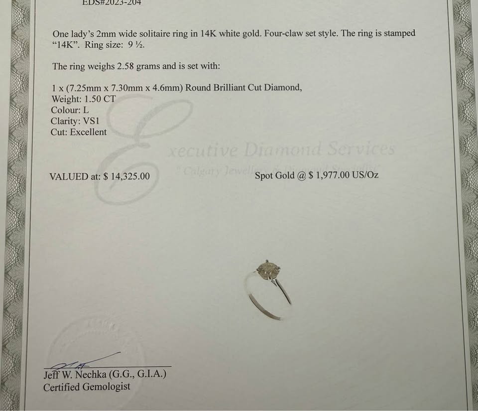 1.50Carat Natural Diamonds Solitaire VS1 Quality 14k White Gold