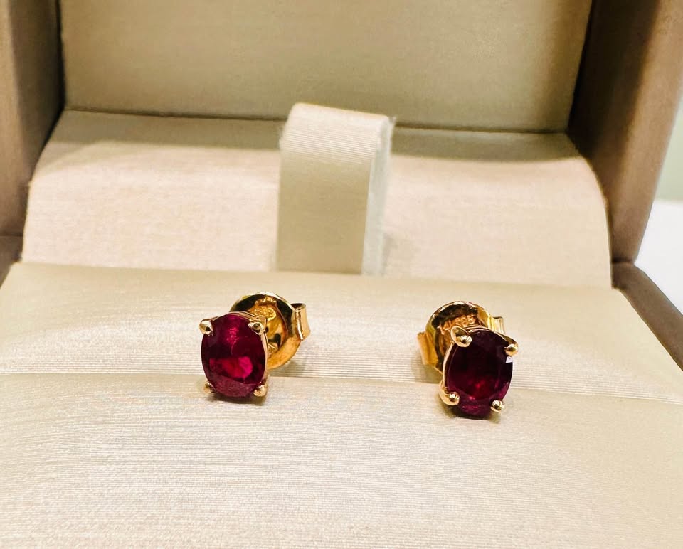 14K Yellow Solid Gold 1.00CTW Oval Shape Ruby Stud Earrings