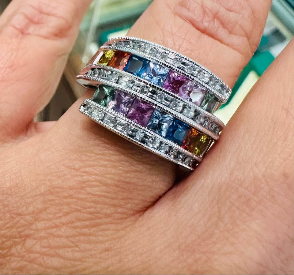 Unique 14Karat Abstract Natural Gemstones & Diamonds Ring