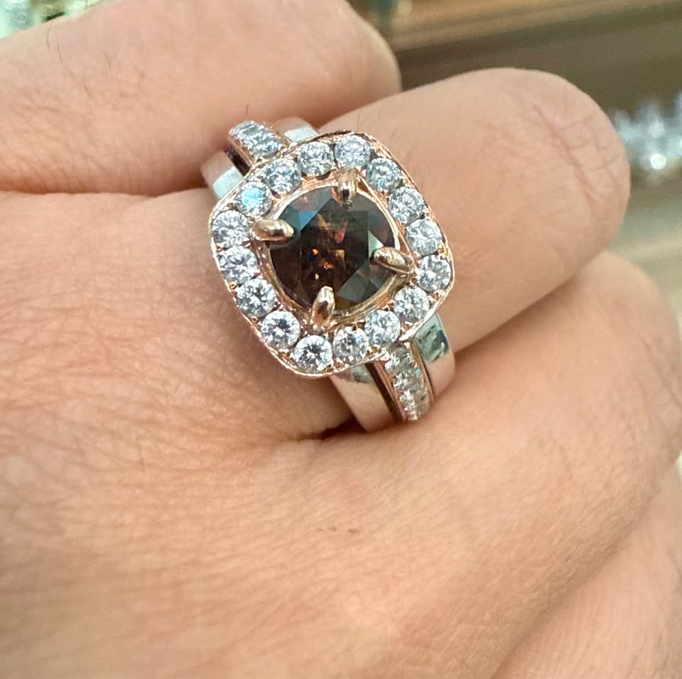 Custom 14Karat Natural Cognac Diamond 1.26 Carat and 0.93 Carat Accented Diamonds Halo