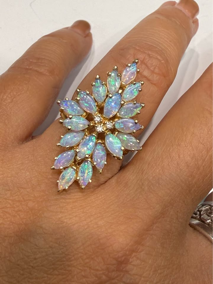 14Karat Natural Marquis Shape Opals and Diamonds Dinner Ring