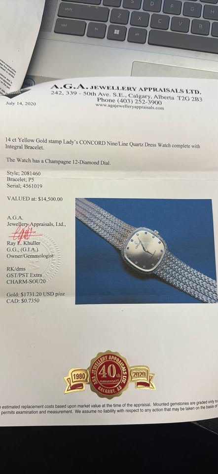 14Karat Solid Gold Lady’s Concord Watch , With Natural Diamonds