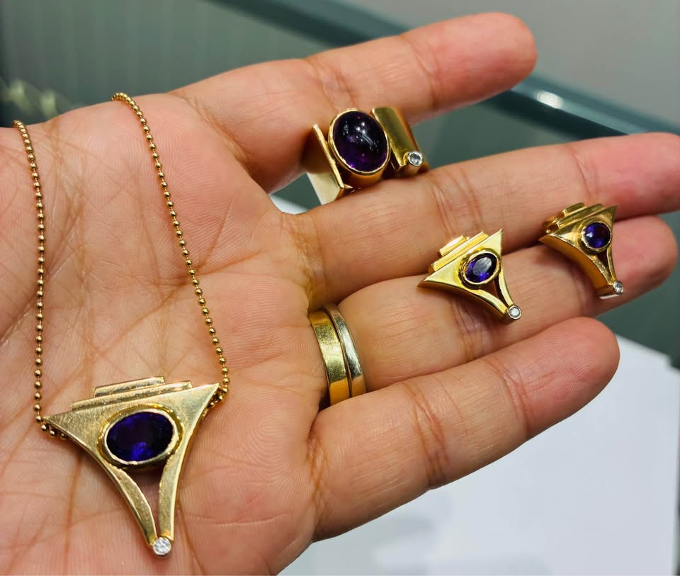 14K gold 3 pcs Set with Natural Amethyst & Diamonds