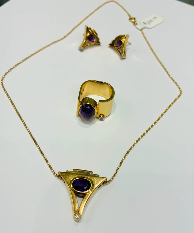 14K gold 3 pcs Set with Natural Amethyst & Diamonds