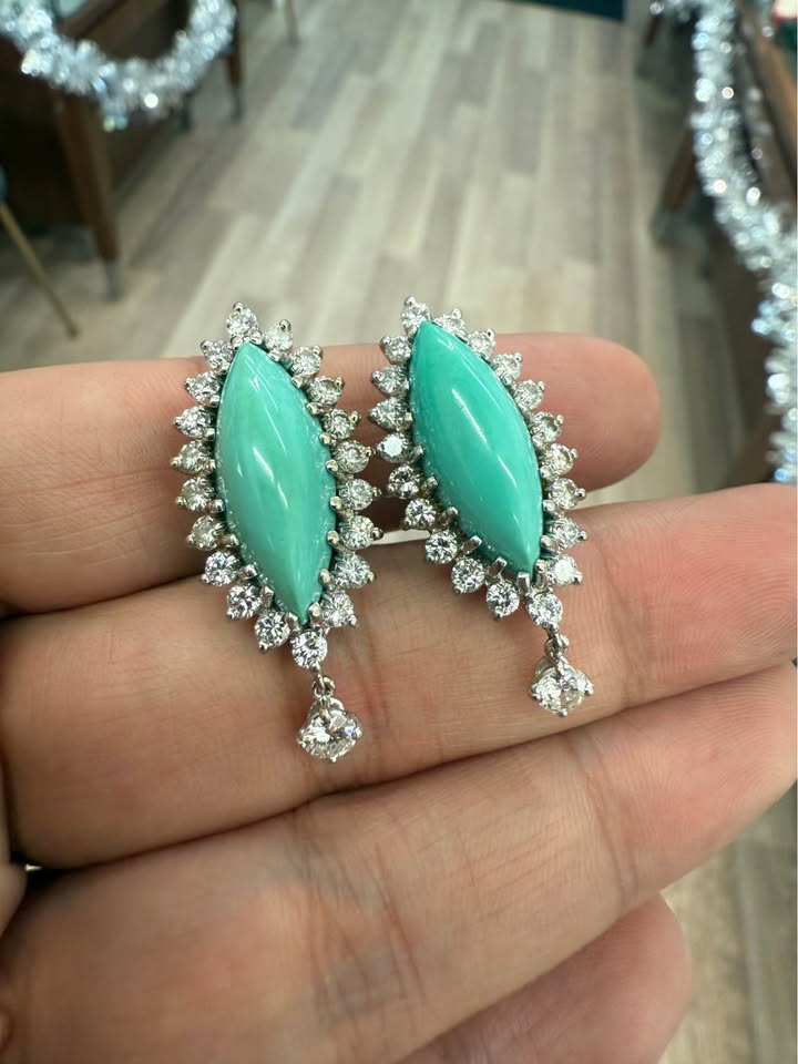 14k Natural 15CTW Turquoise & 2.40CTW Natural Diamonds Clip On Earrings