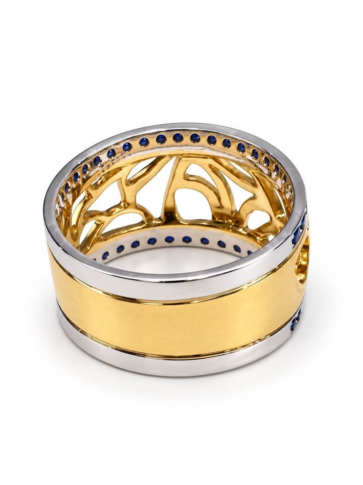 14k handmade Natural Sapphires Two Tone Stunning Dinner Ring 14mm Wide