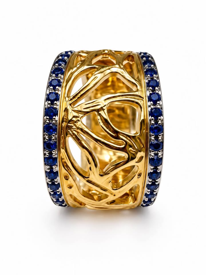 14k handmade Natural Sapphires Two Tone Stunning Dinner Ring 14mm Wide