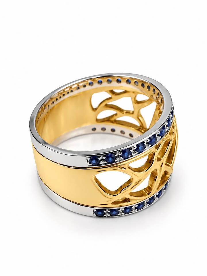 14k handmade Natural Sapphires Two Tone Stunning Dinner Ring 14mm Wide