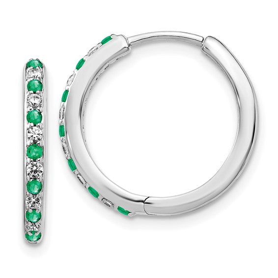 14k White Gold Diamond and Emerald Hinged Hoop Earrings