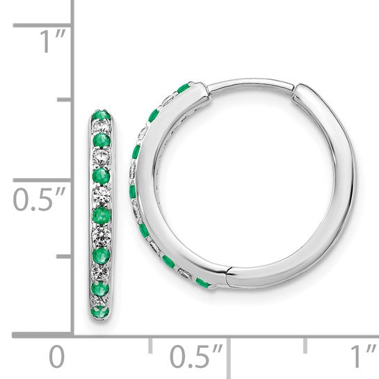 14k White Gold Diamond and Emerald Hinged Hoop Earrings