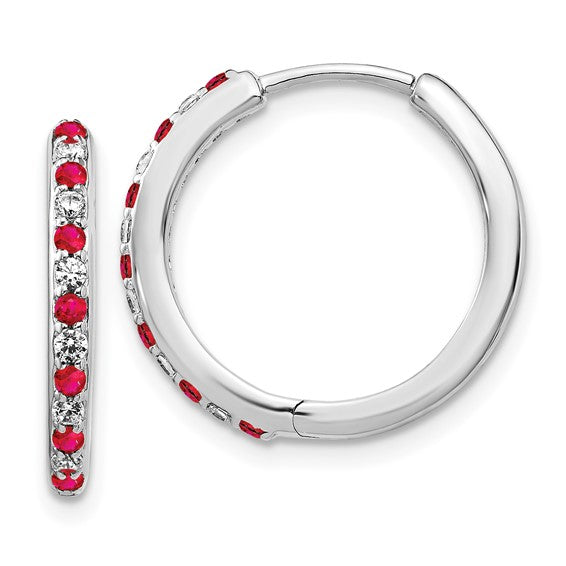 14k White Gold Diamond and Ruby Hinged Hoop Earrings